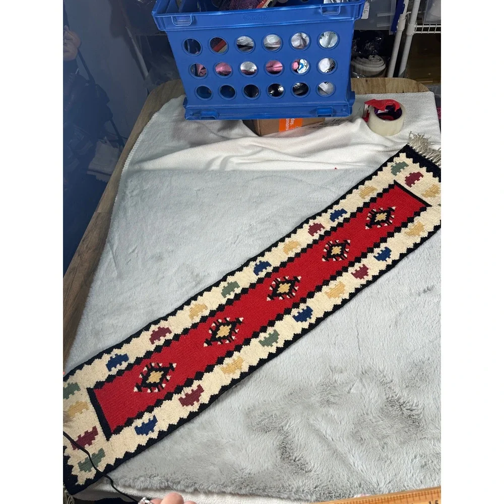 Table Runner  Southwestern Wool Kilim Geometric Fringe 39in